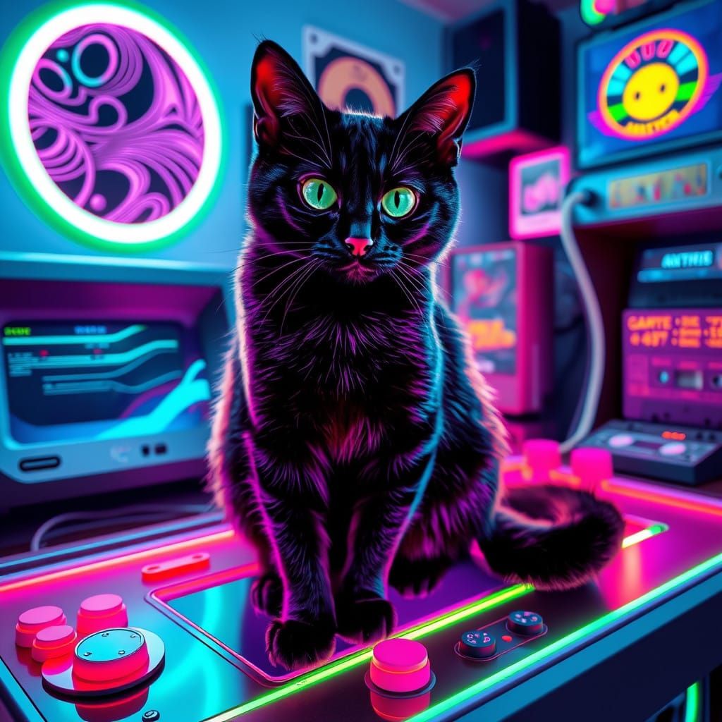 Futuristic Black Cat Dominates Retro Arcade Console