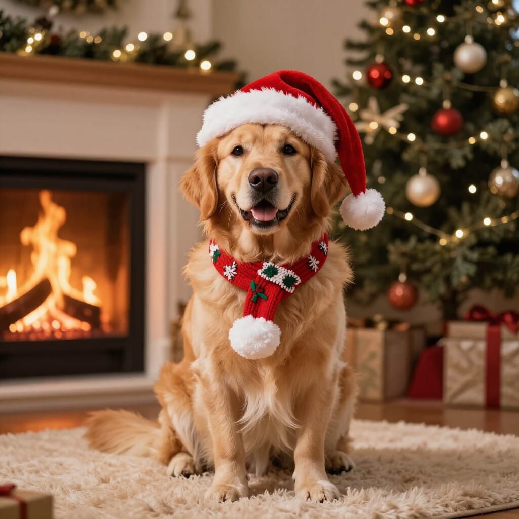 Golden Retriever in Santa Hat by Fireplace