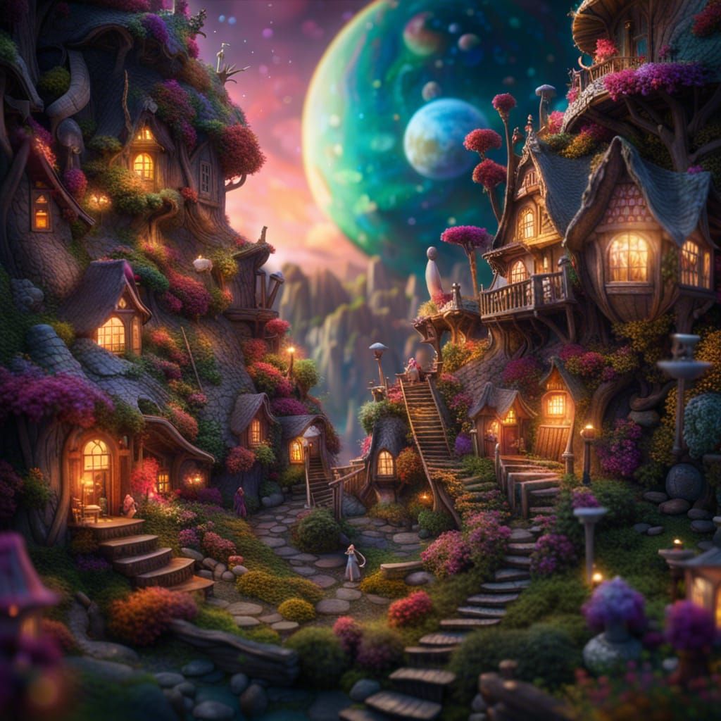 Detailed Fairy Village Digital Matte Painting