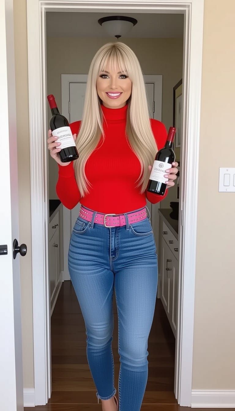 Woman in Red Jumper Holds Wine Bottles