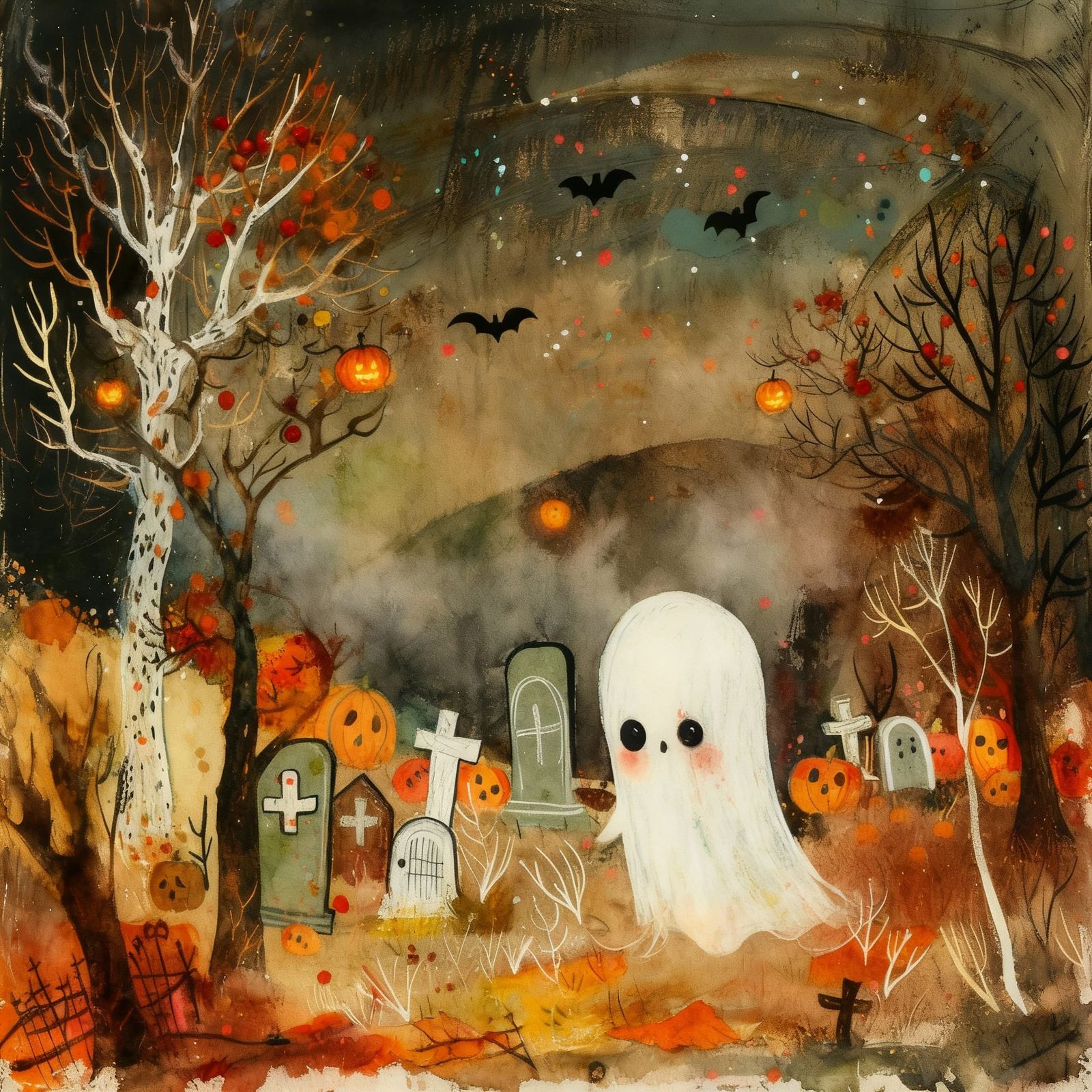 Cozy Halloween Graveyard Illustration at Twilight