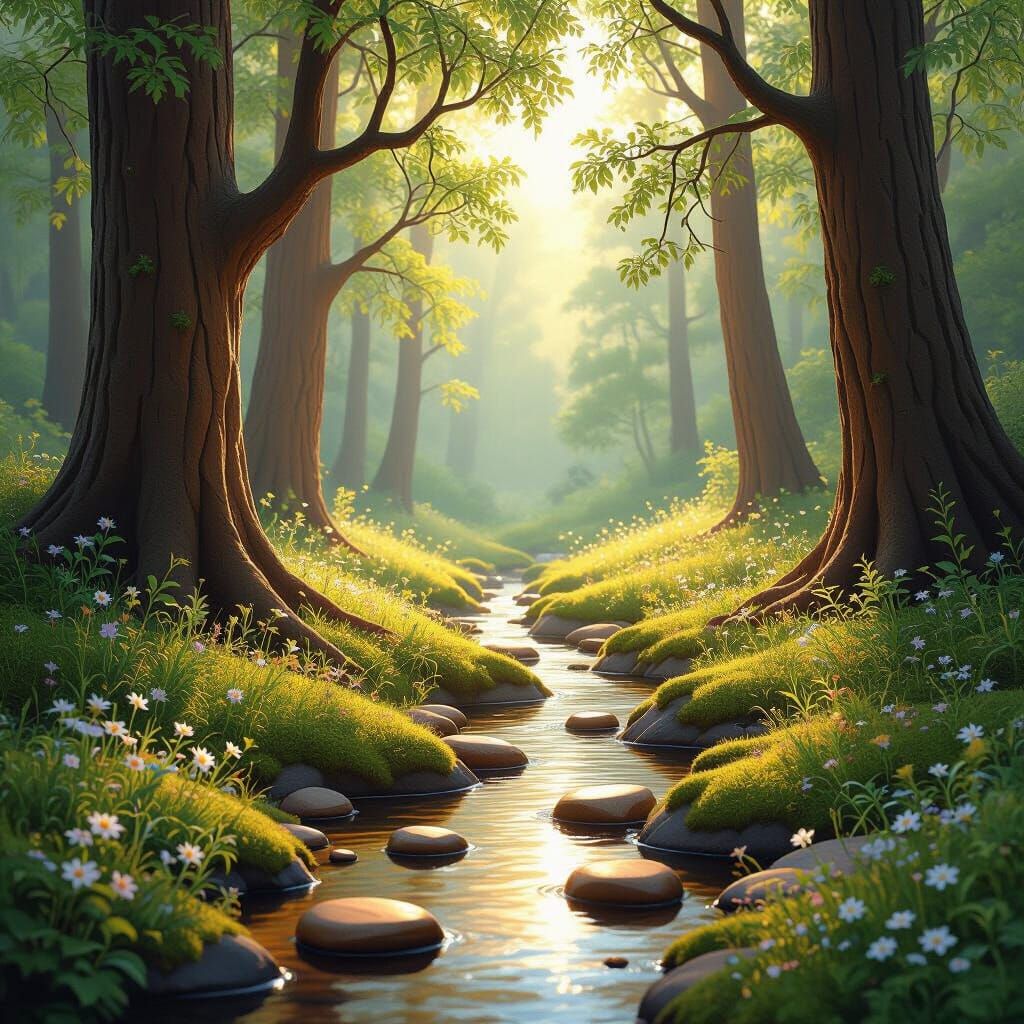 Sunlit Wooden Forest Glade in Photorealistic Style