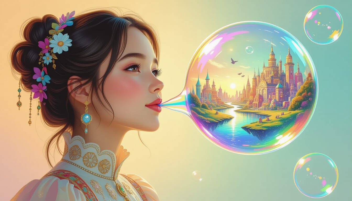 Girl Blowing Bubbles of Miniature Worlds: Hyperrealistic Art