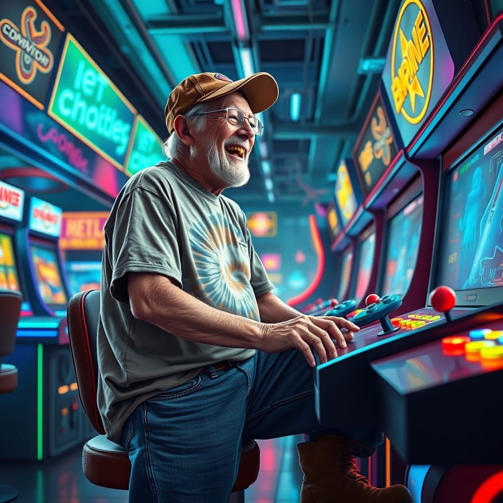Elderly Gamer in Futuristic Salvador Dali Arcade