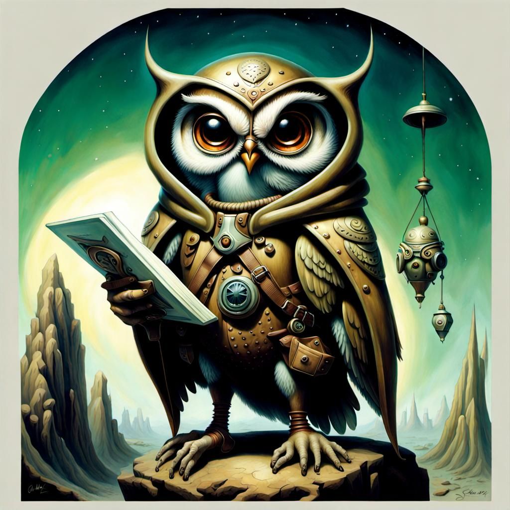Owl Adventurer in Alien Landscape, Simkins Style
