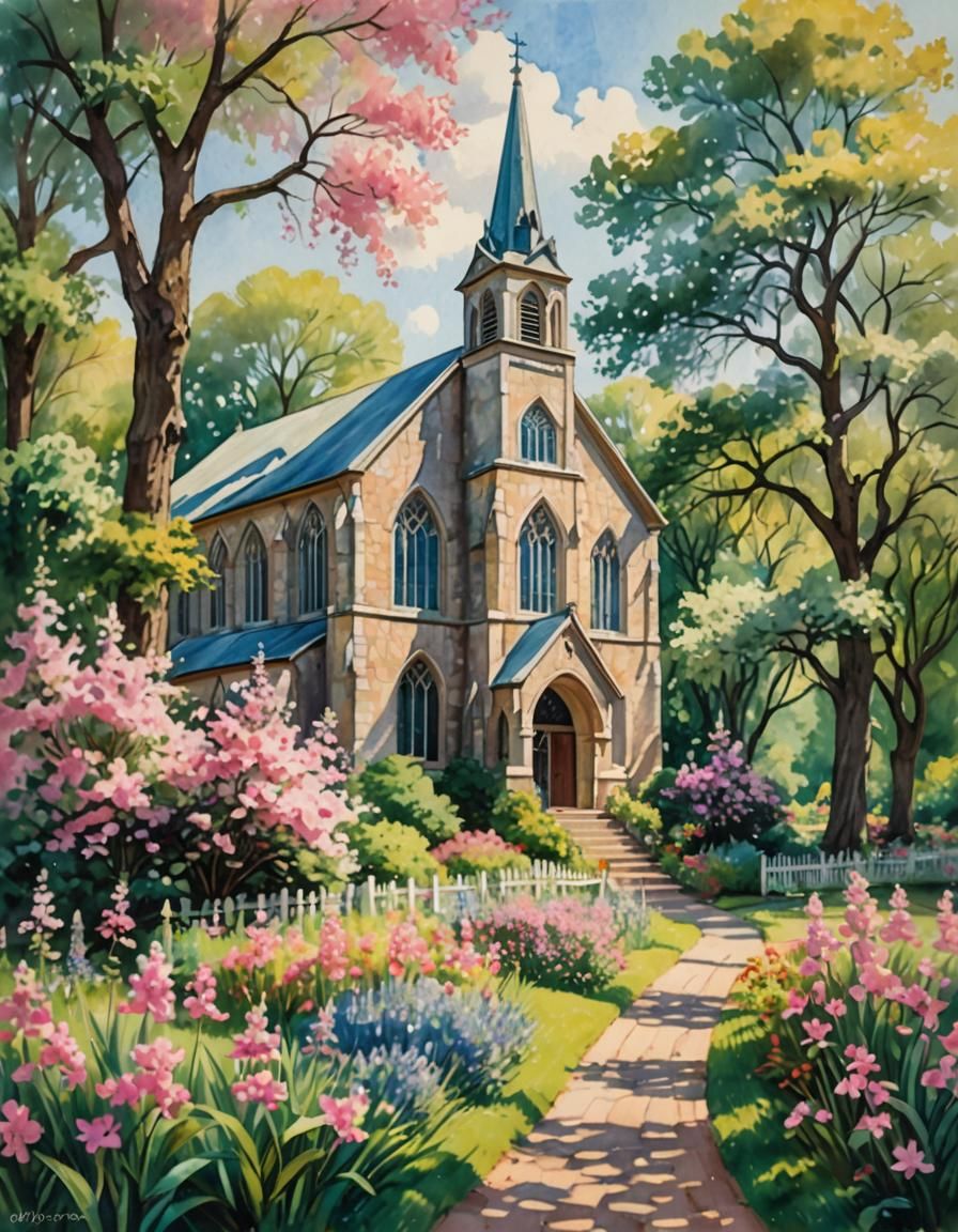 Impressionistic Church with Pink Flower in Sunlight
