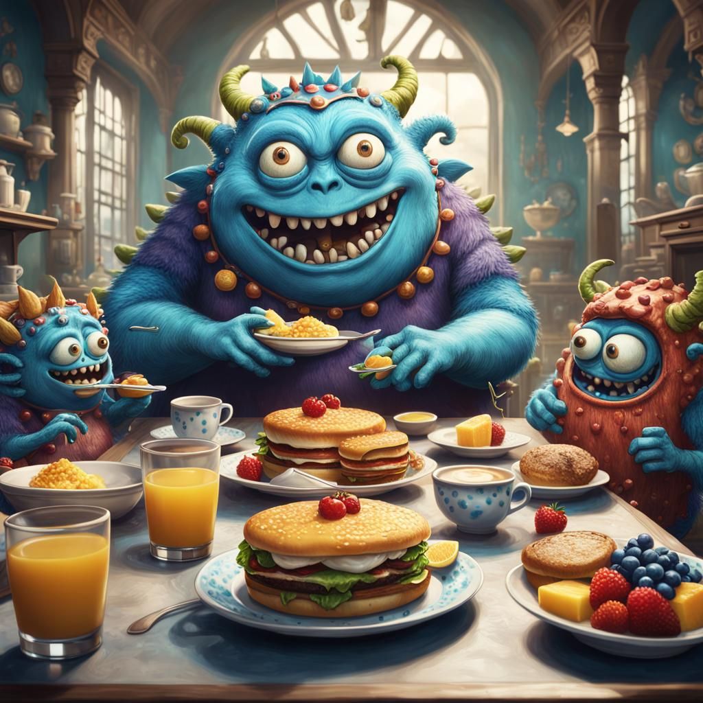 Happy Googly-Eyed Monsters Share Breakfast