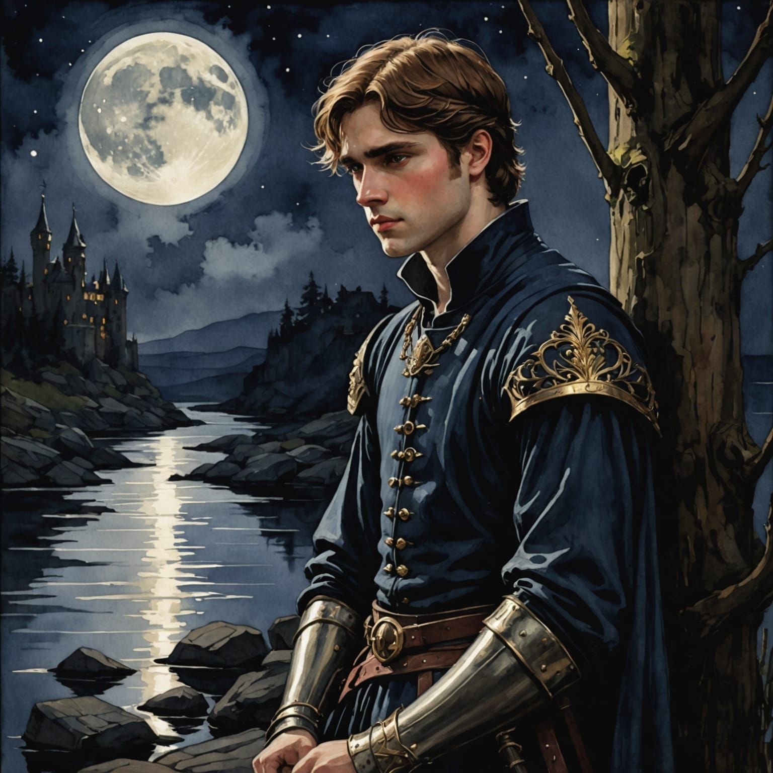 Captive Prince by Moonlight: Chiaroscuro Watercolor