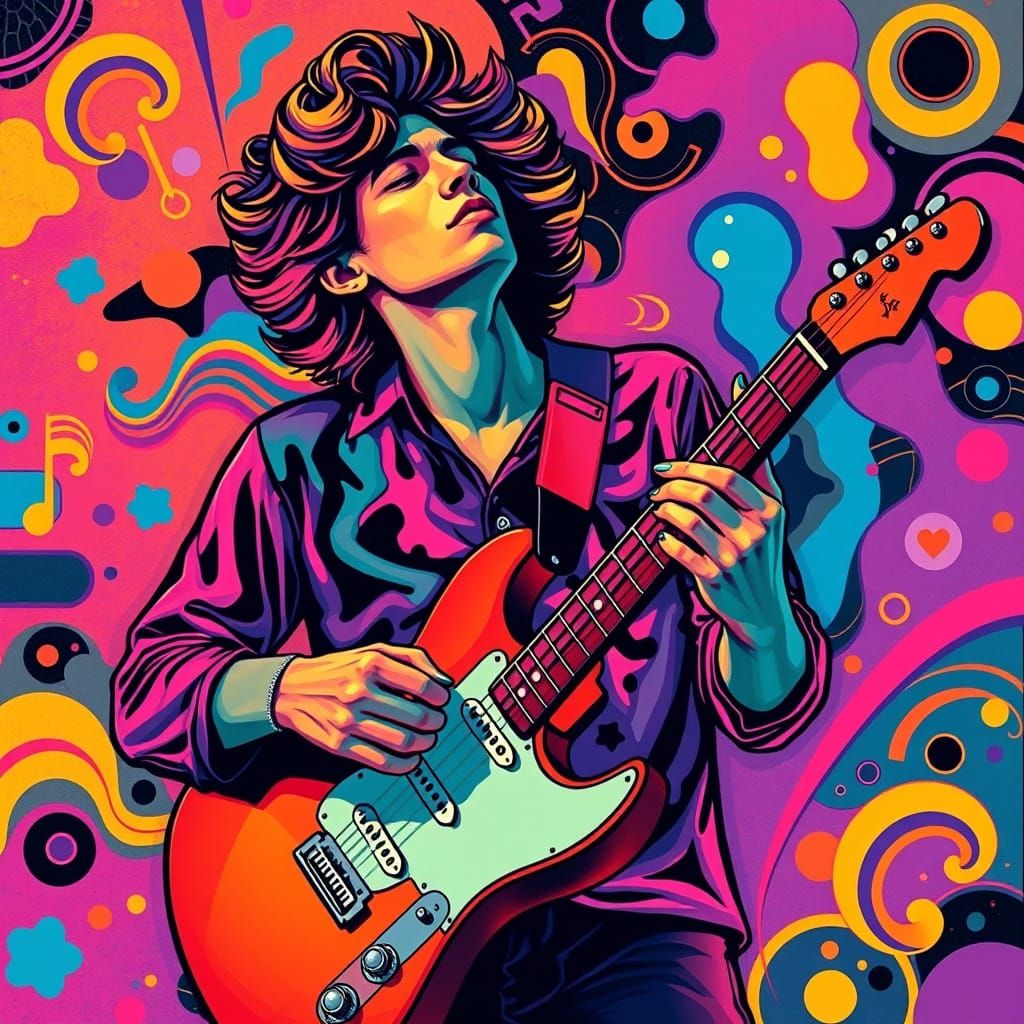 Musician Lost in Music, in Psychedelic Pop Art Style