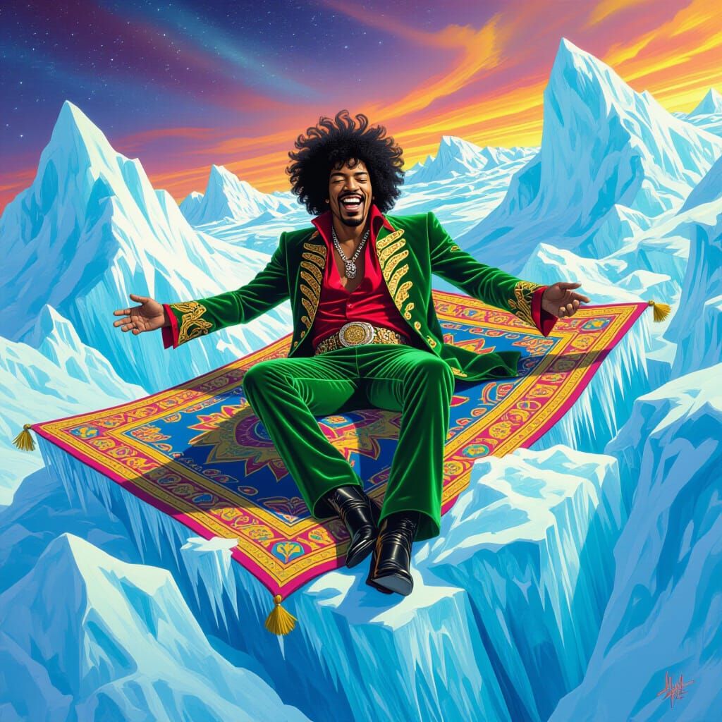 Psychedelic Jimi Hendrix on Magic Carpet Over Ice