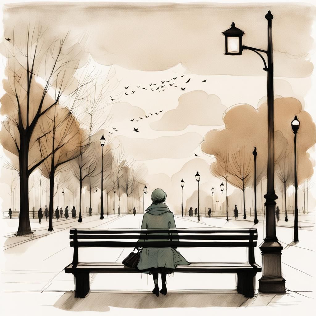 Woman on Park Bench in Sketch Style