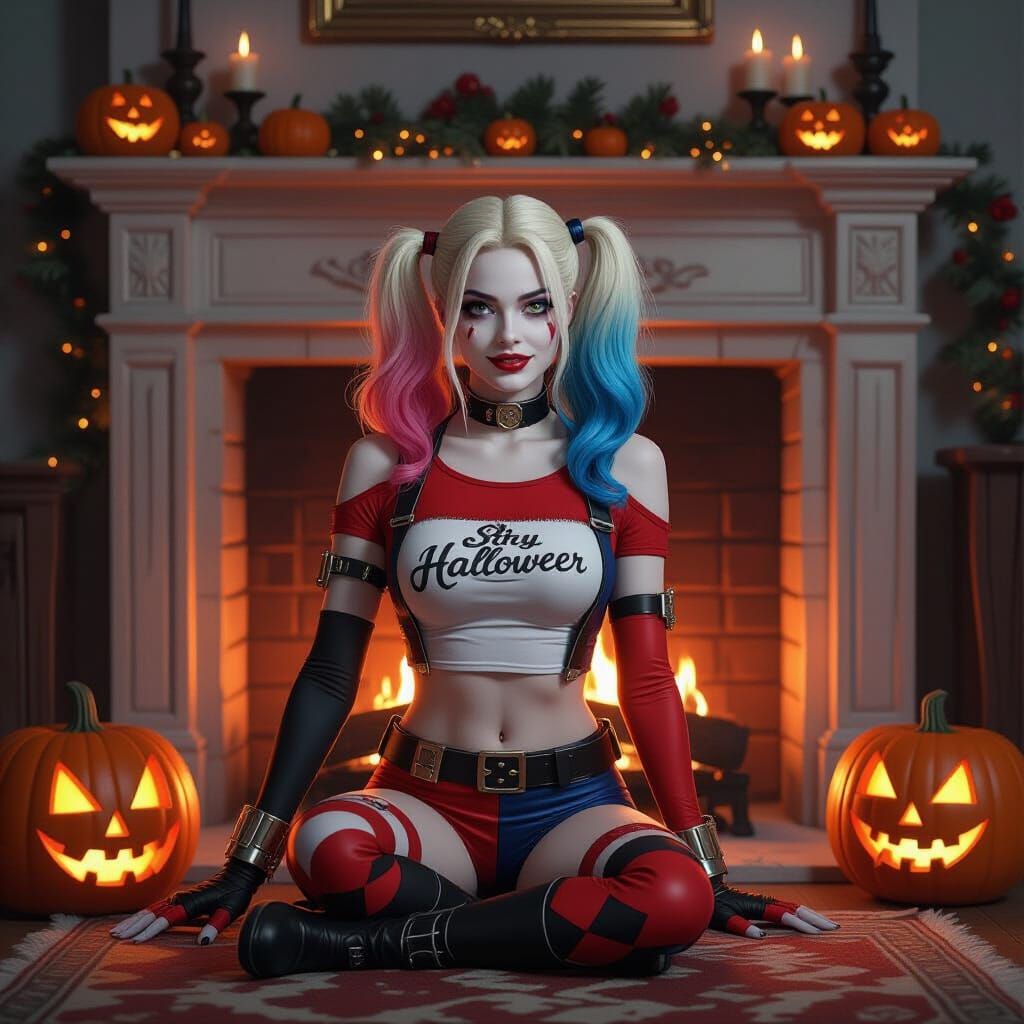 Harley Quinn by a Halloween Fireplace