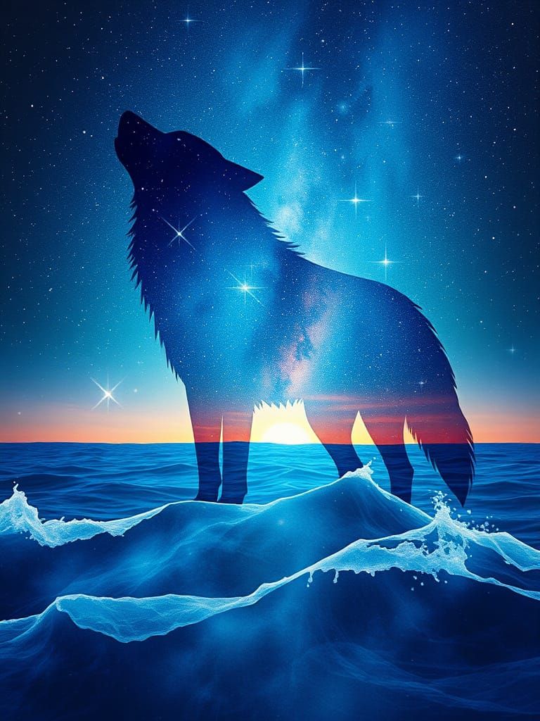 Wolf Silhouetted Against Starry Sea