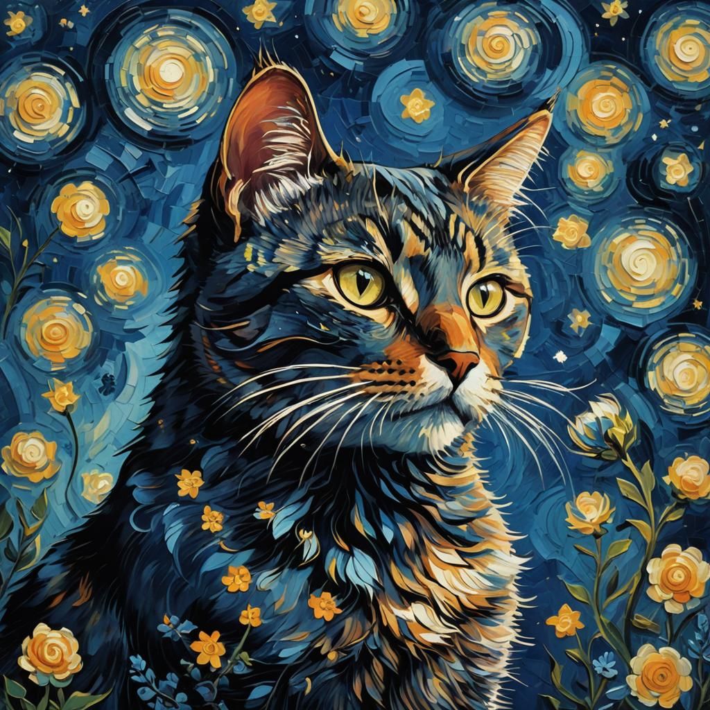 Cat Silhouette in Post-Impressionist Style