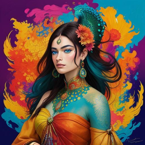 Dragon-Peacock Woman in Abstract Fauvism Style