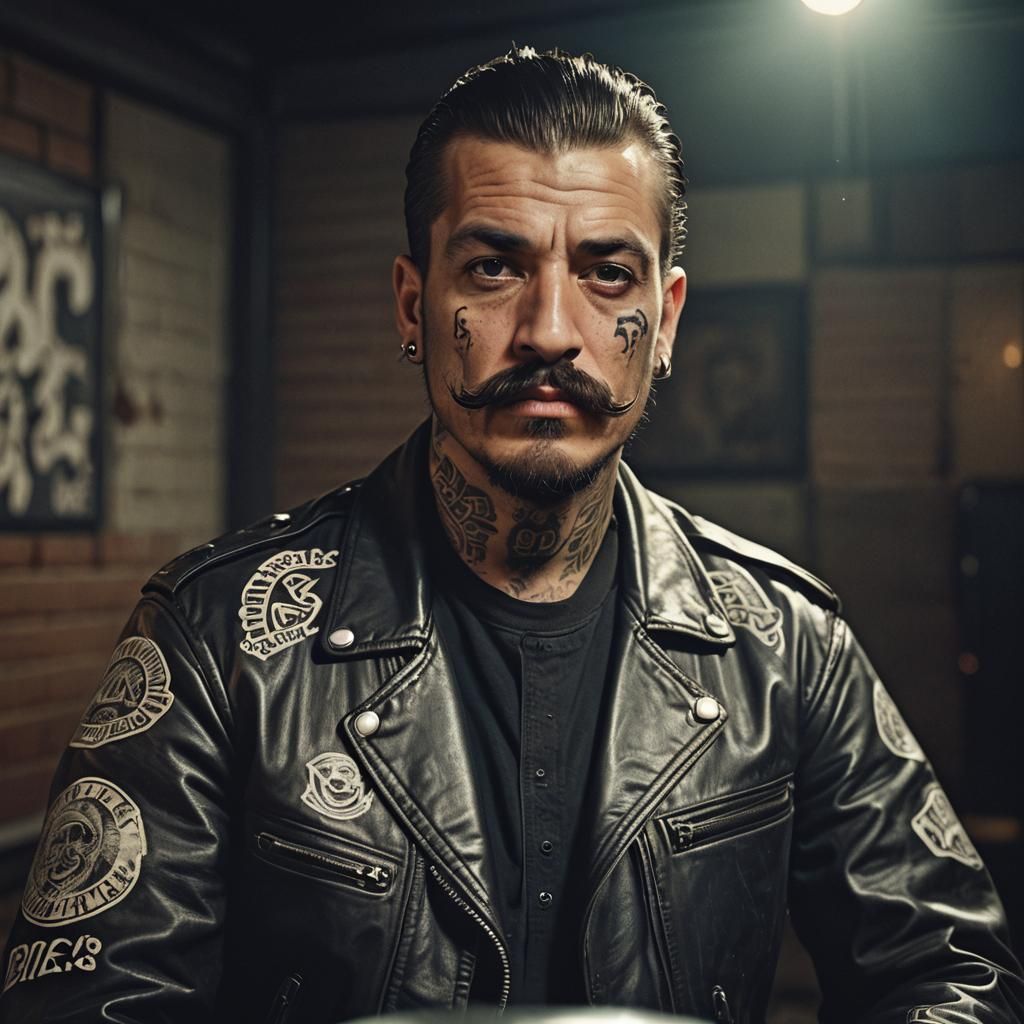 Tough Biker with Tattoos in Cinematic Film Still