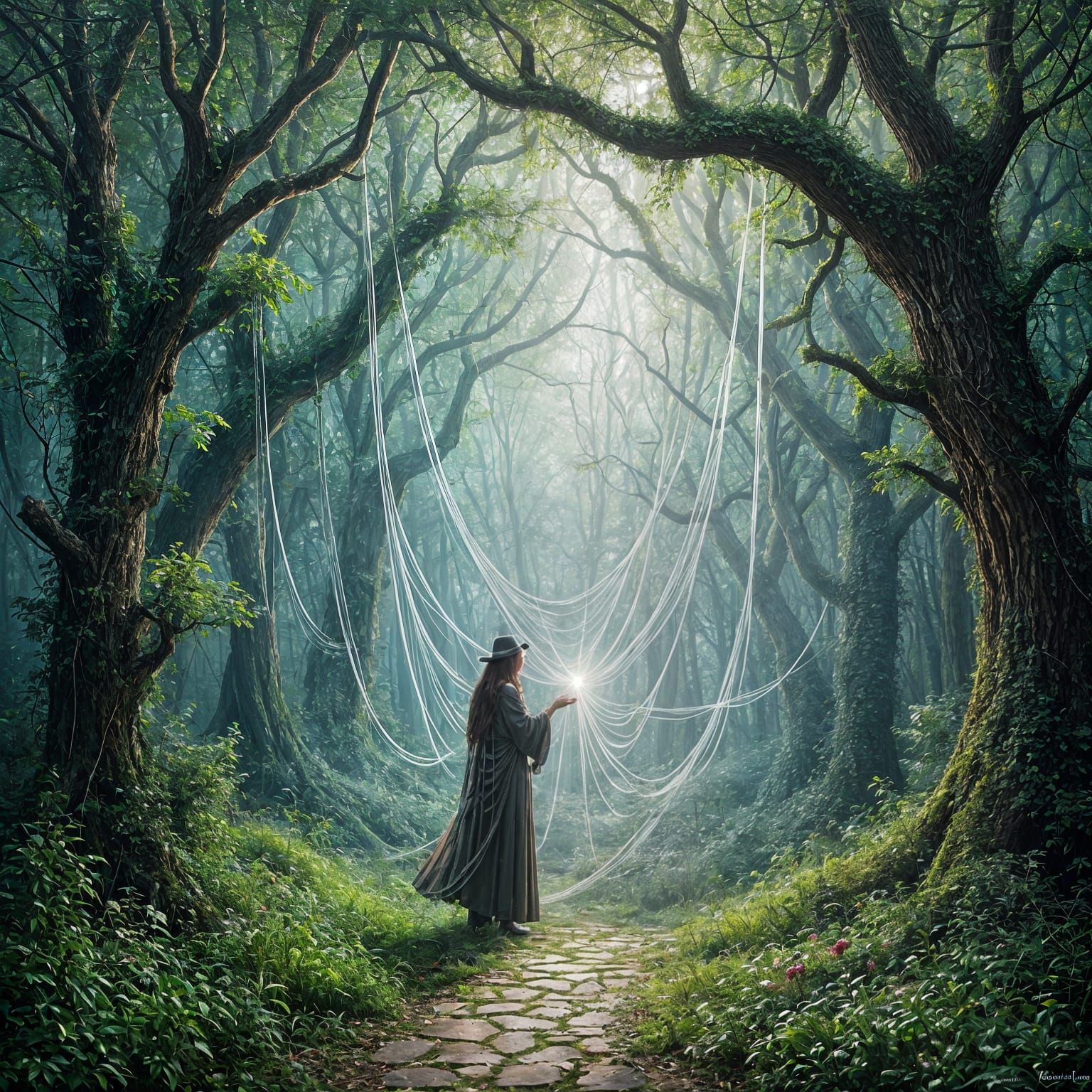 Mystical Forest Glade with Spiderwebs and Witch, Oil Paintin...