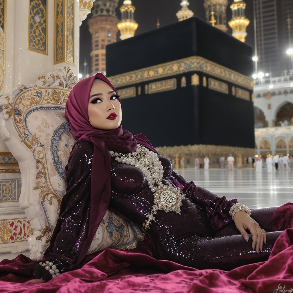 Opulent Asian Woman in Hijab Before the Ka'bah