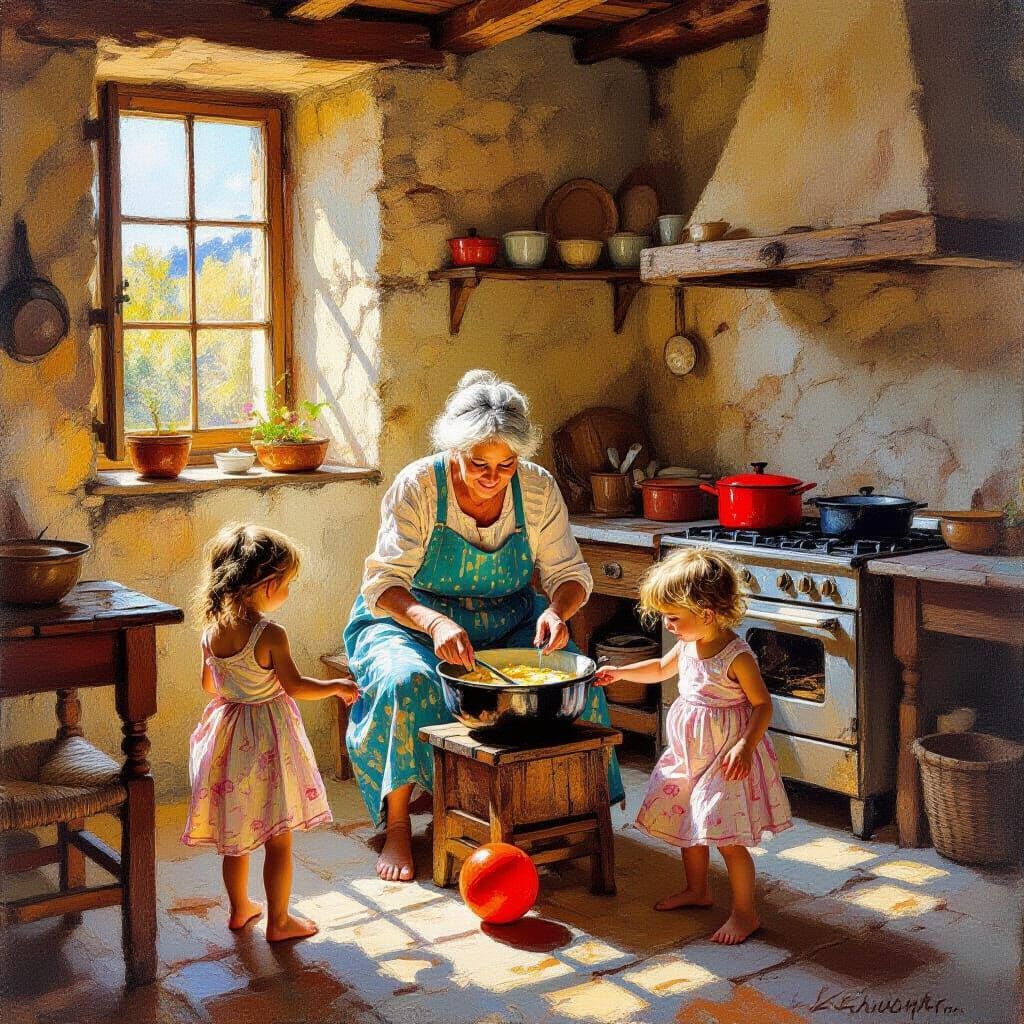 Impressionist Painting of Sicilian Woman Cooking with Childr...