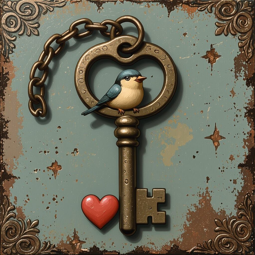 Cartoon Bird on Key in Detailed Matte Painting Style