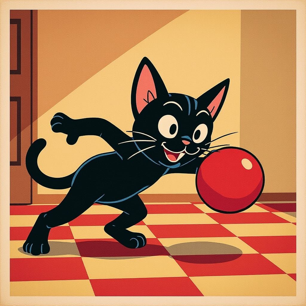 Vintage Cartoon Cat Chasing Ball in Classic Print Palette