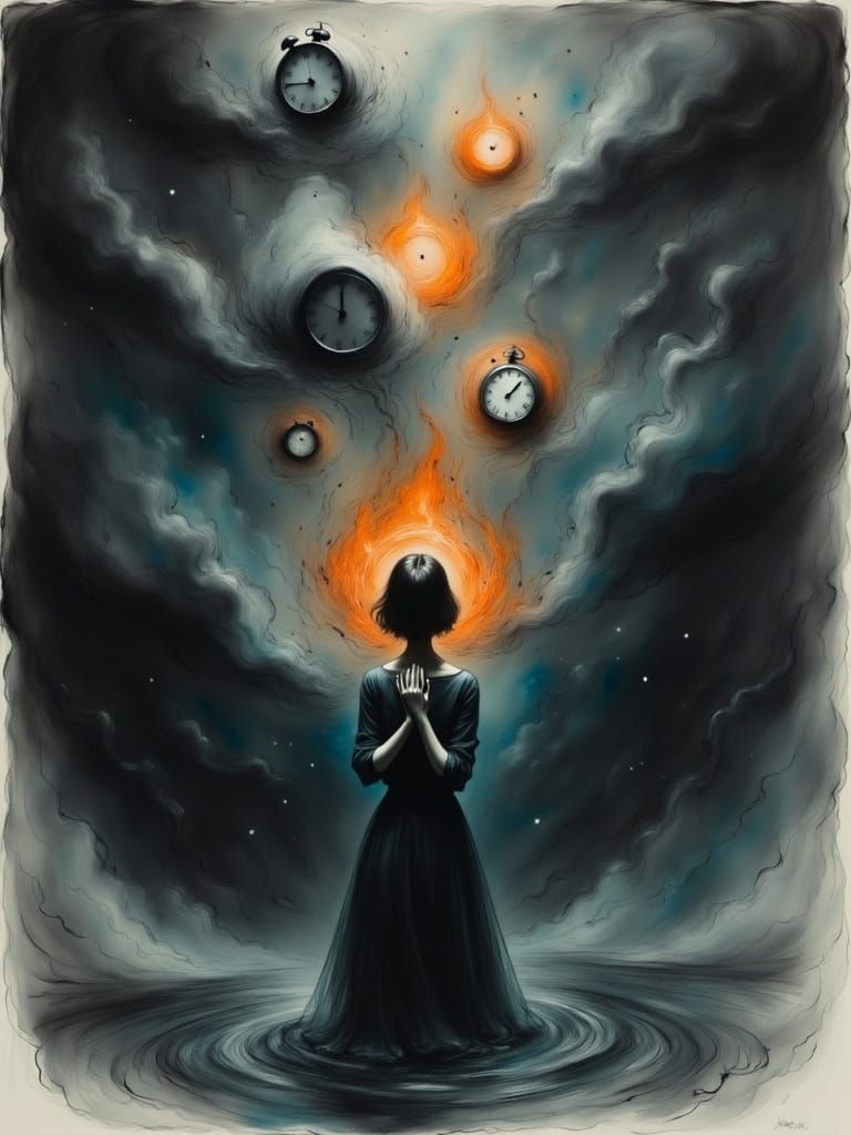 Surrealistic Woman Battles Time's Destruction in Turbulent W...