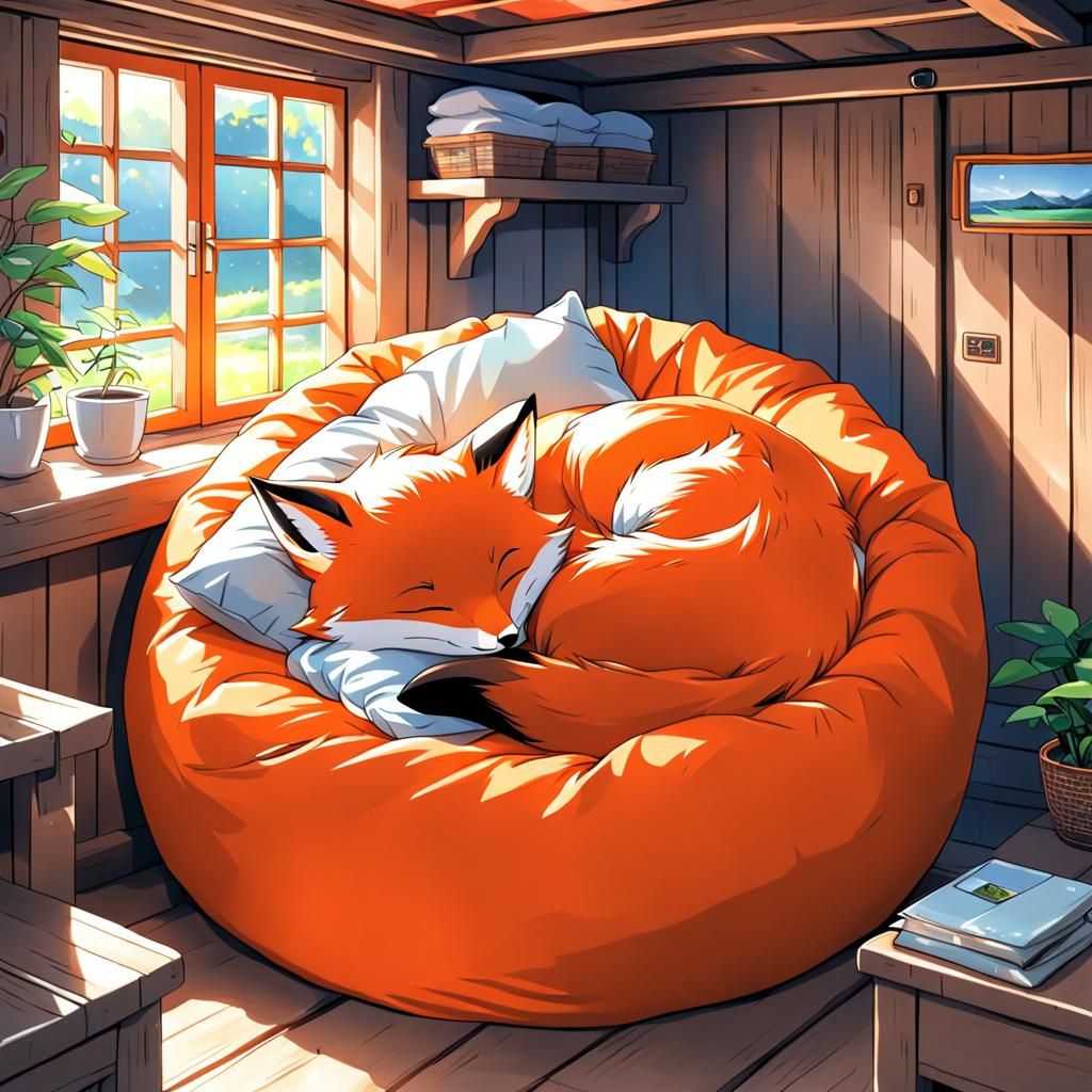 Orange Fox Sleeping in Cozy Cottage, Anime Style