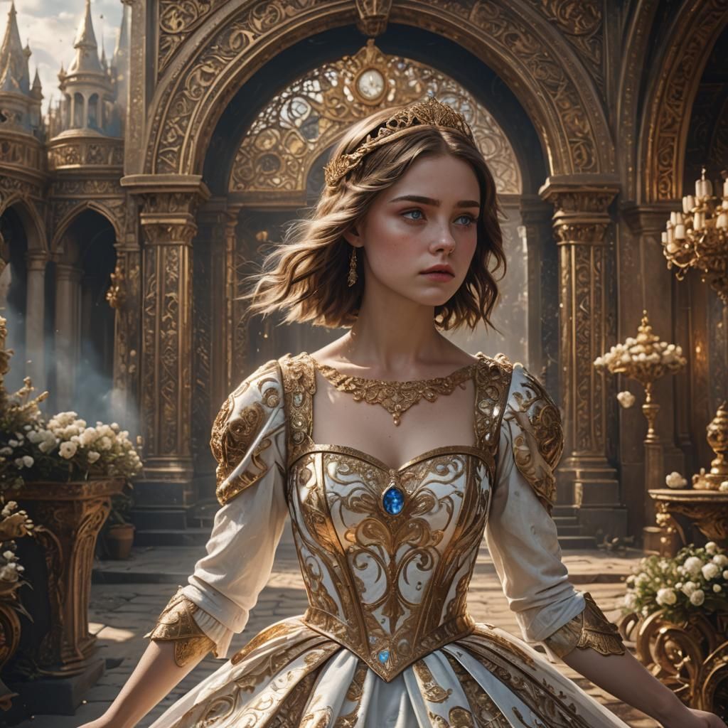 Mute Blue Eyes Princess in Gold and White Dress