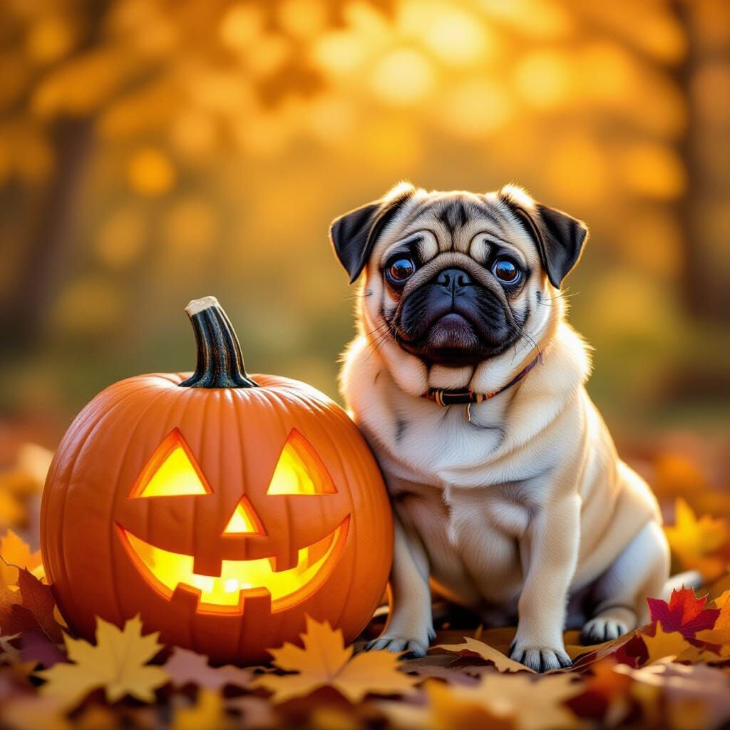 Pug and Pumpkin in Cozy Folk-Art Autumn Scene