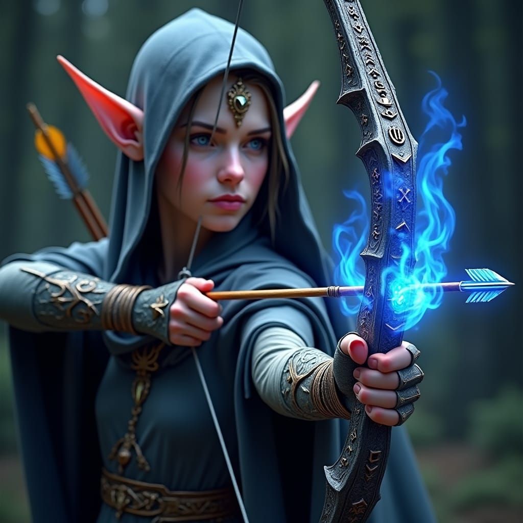 Elven Princess with Enchanted Bow in Art Nouveau Style