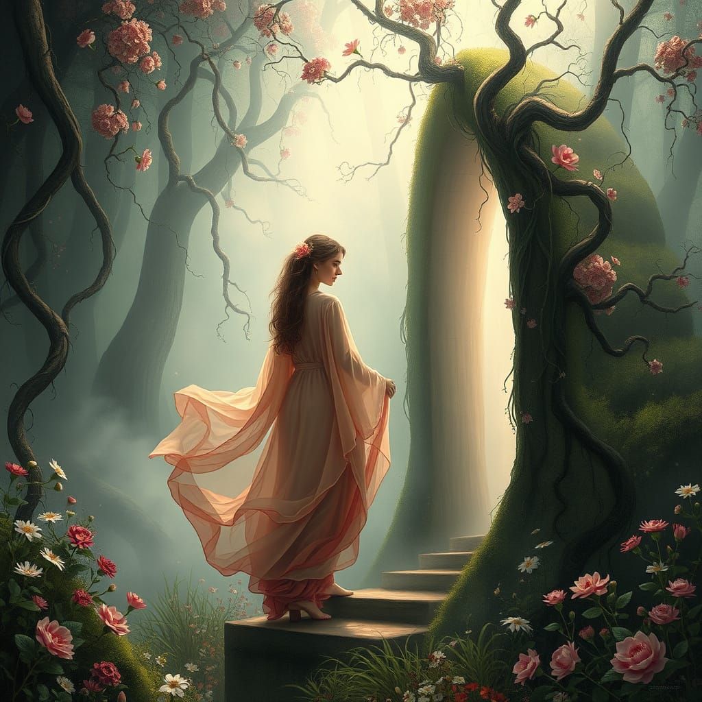Ethereal Beauty Emerges from the Vines in a Dreamlike Forest...