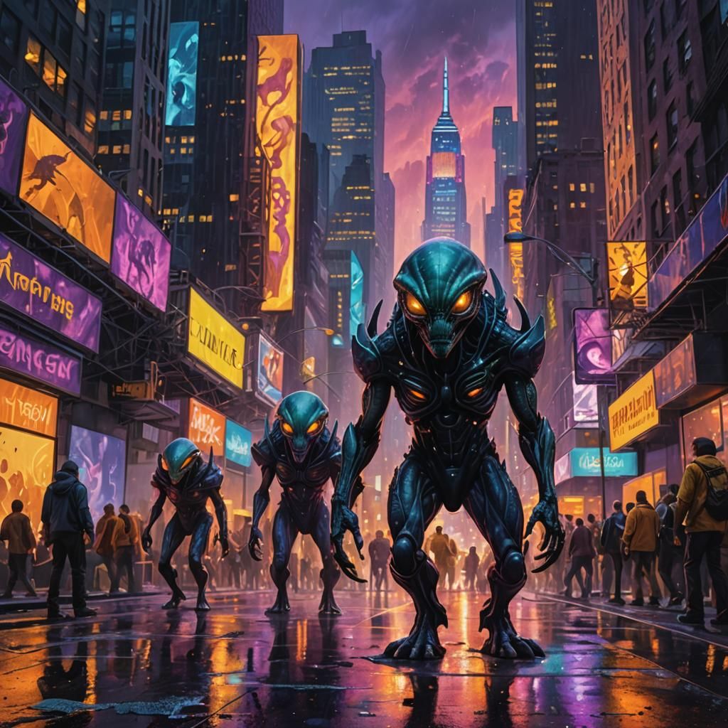Alien Invasion in New York: A Sci-Fi Oil Painting