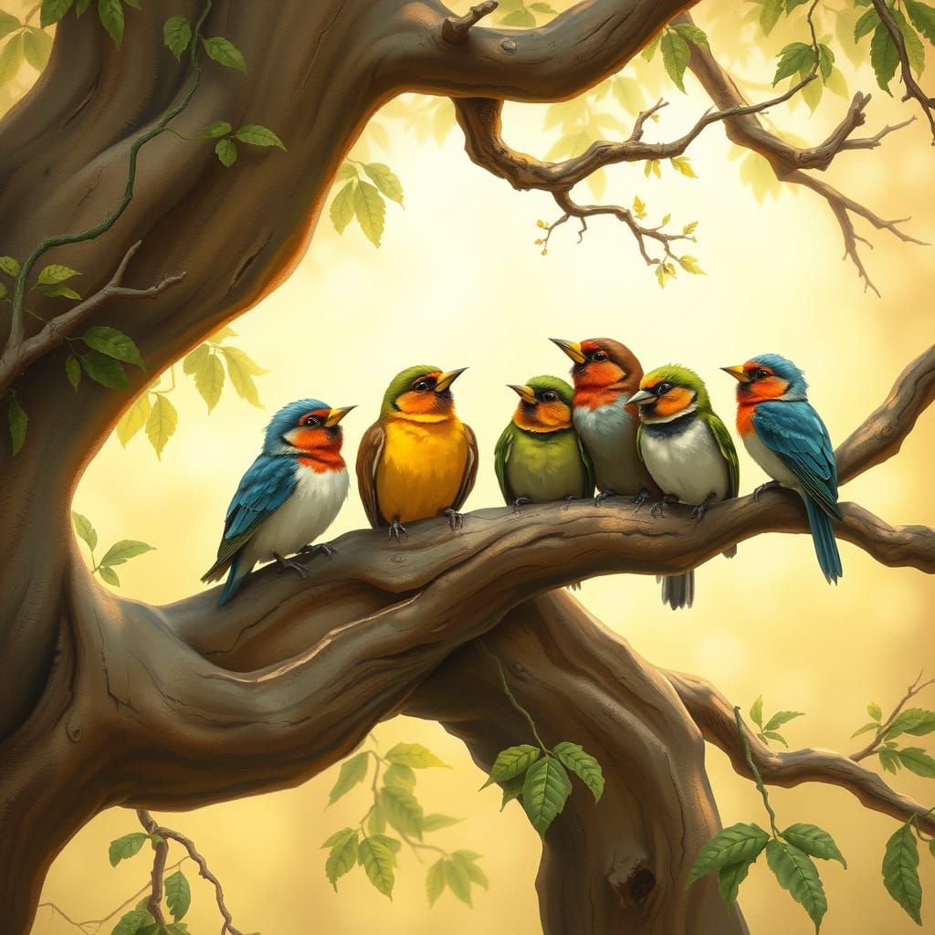 Colorful Birds Engage in Whimsical Conversation Amidst Majes...