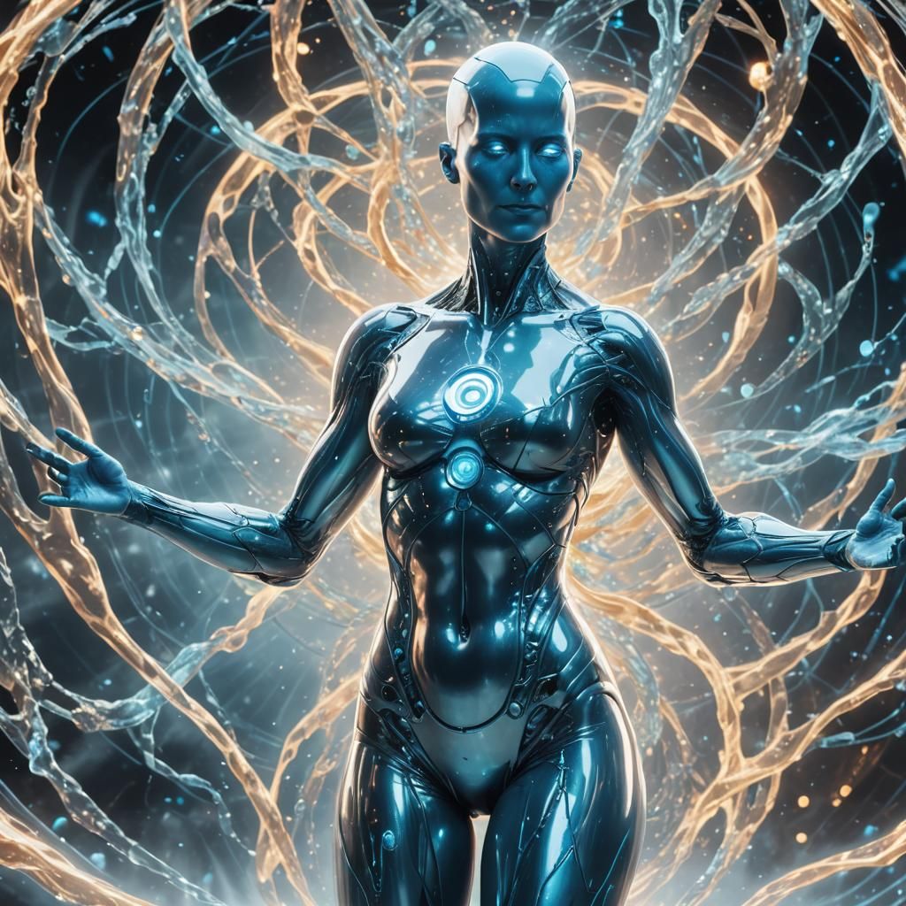 Hyperrealistic Energy Being Relaxing with Iridescent Glow