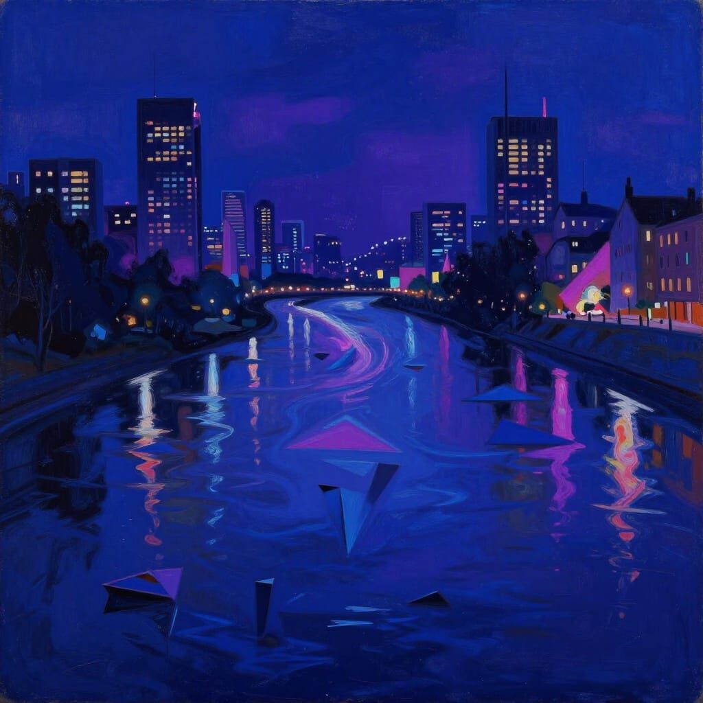 Surreal City River at Night in Neon Glow