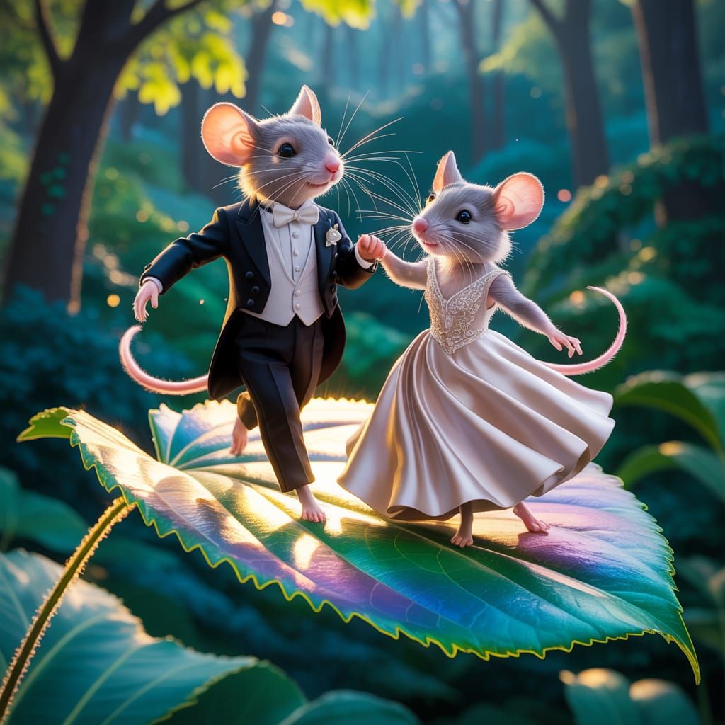 Mice Dancing in Forest, Hyper-Realistic Digital Art