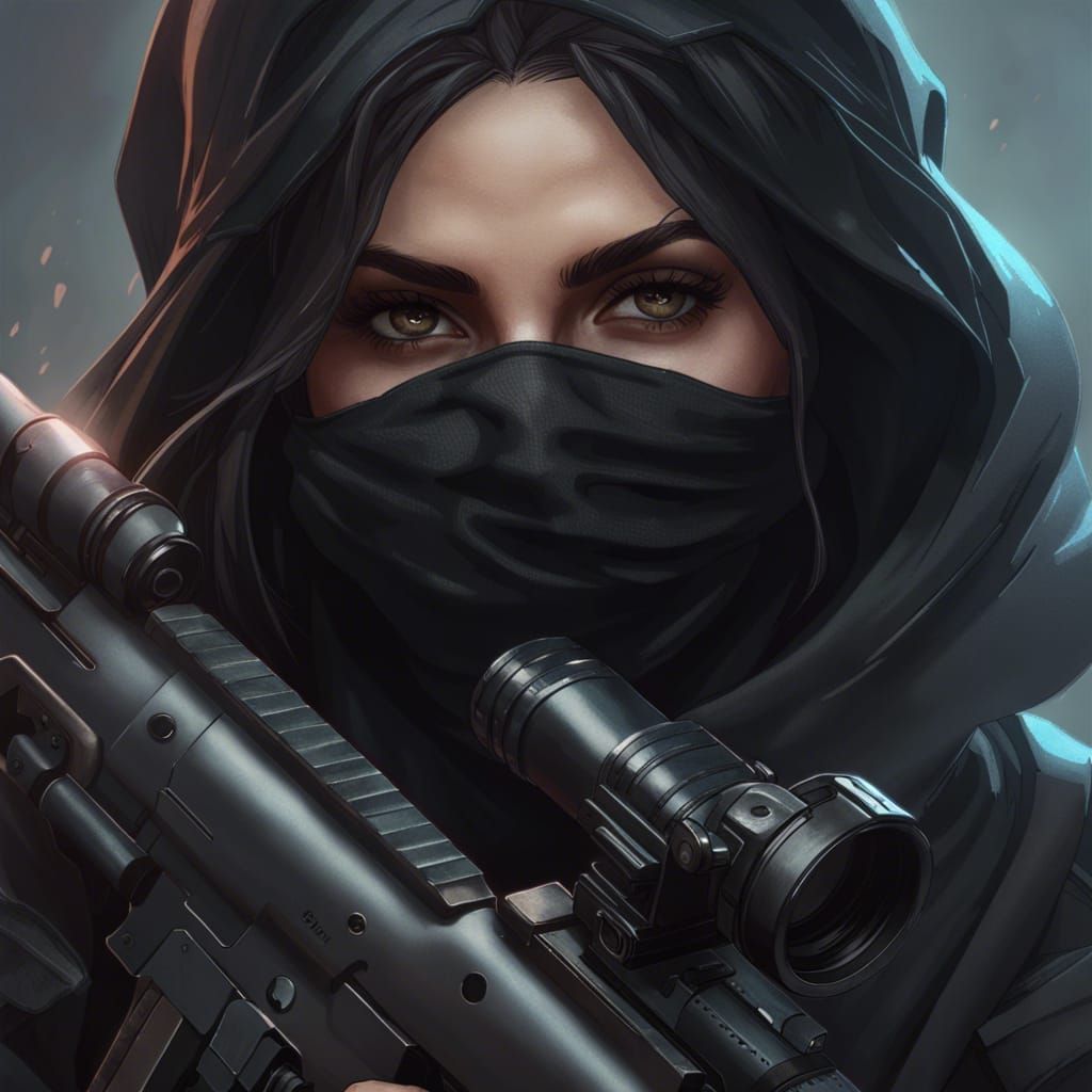 Masked Woman Sniper Portrait in Hyperdetailed Style