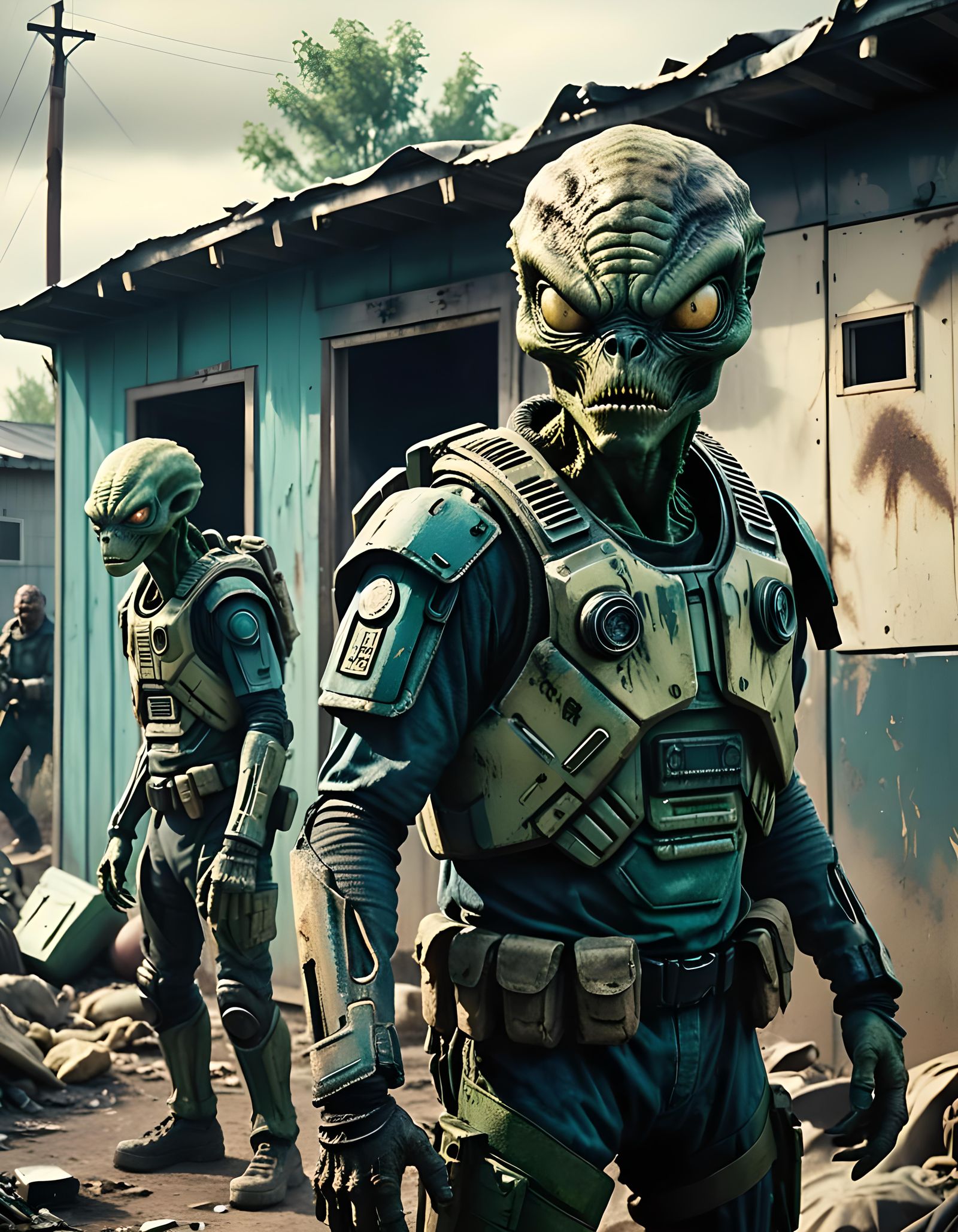 Aliens Terrorize Humans in Dirty Suburb: Cinematic Still