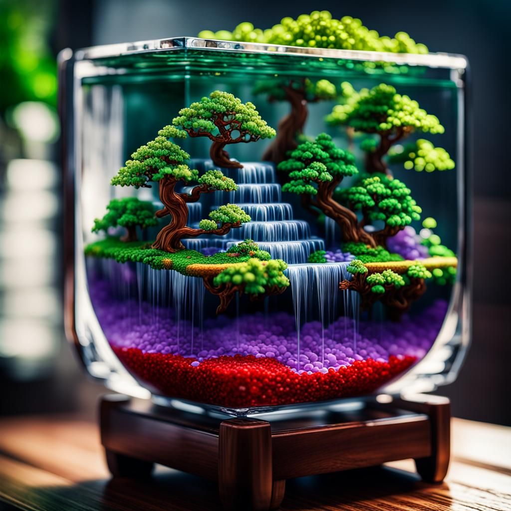 8-Bit Bonsai Waterfall Pendant: Hyperrealistic Pixel Art