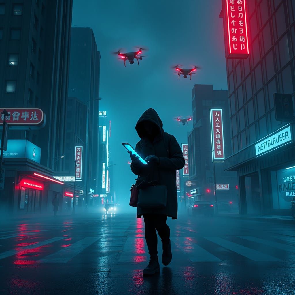 Futuristic Neo-Noir Figure in Rainy Cityscape