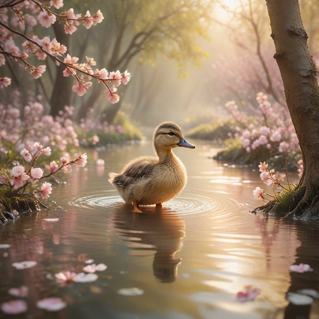Whimsical Watercolour of a Duckling in a Blossom Forest at S...