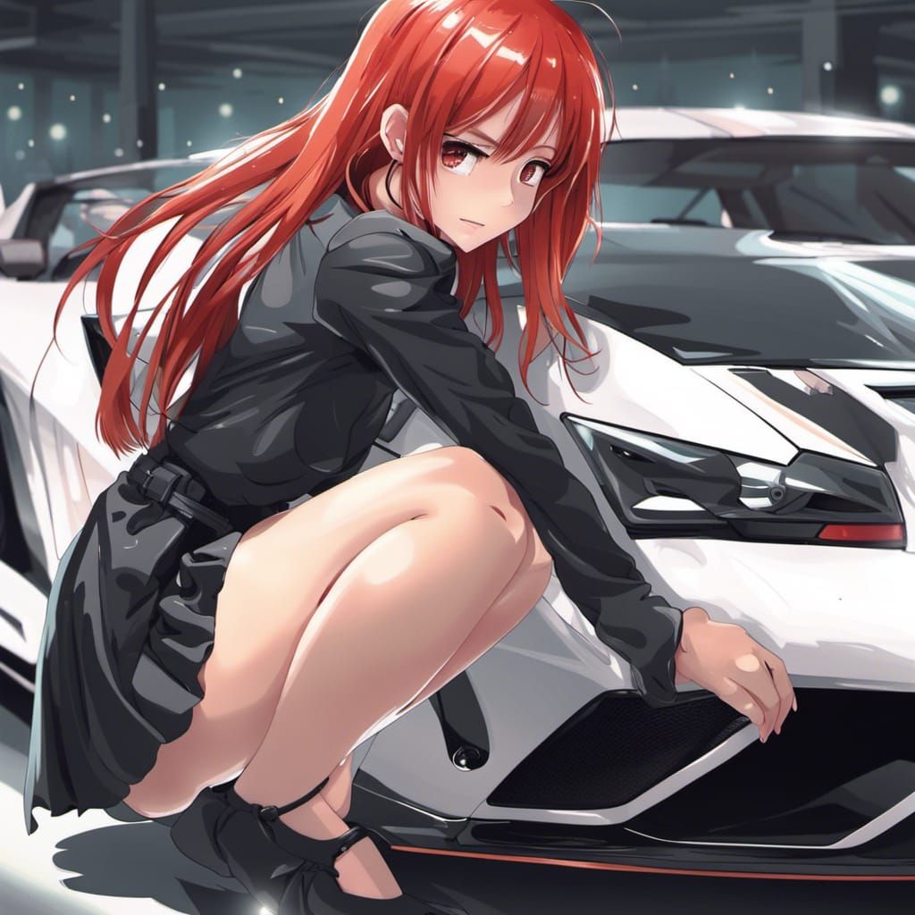 Anime Girl with Red Hair and Supercar