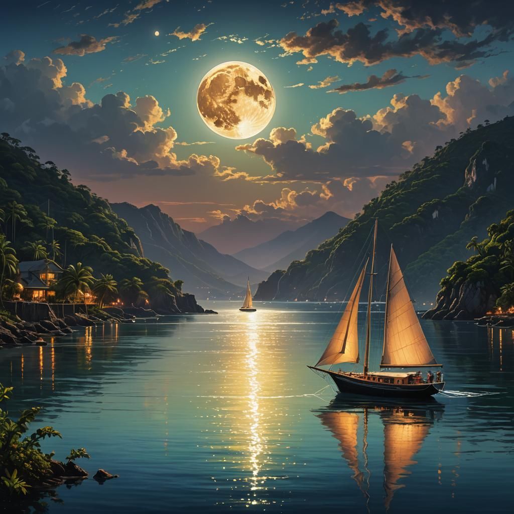 Luminous Moon Over Tropical Bay: Hyperrealistic Seascape