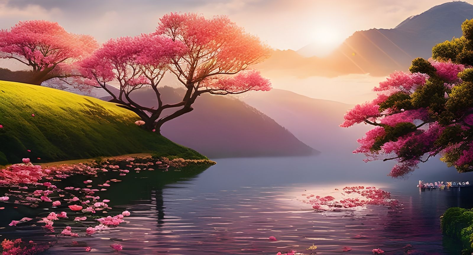 Bride and Groom Under Cherry Blossom Tree at Sunset