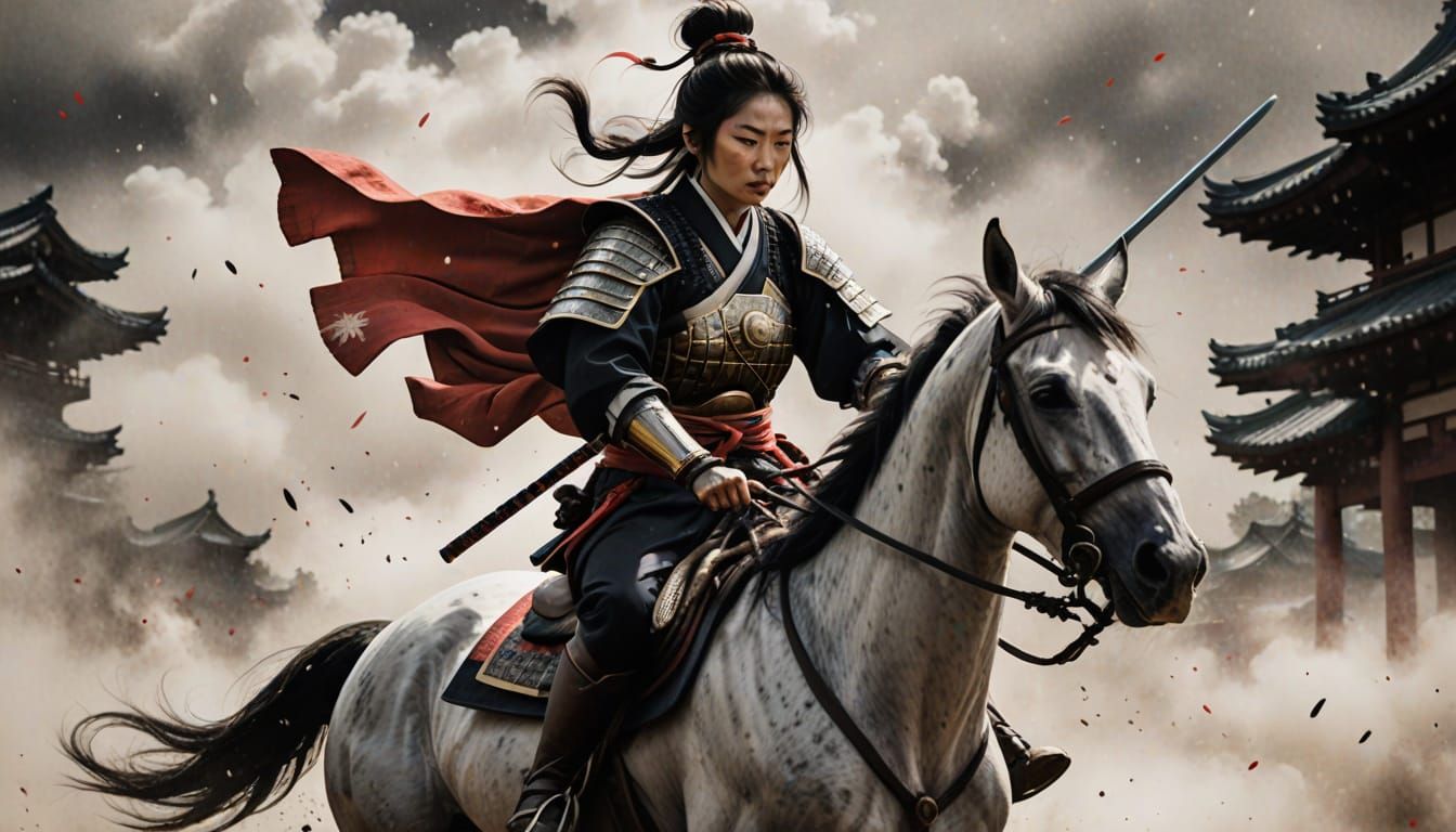 Tomoe Gozen Charging into Battle: Sumi-e Style