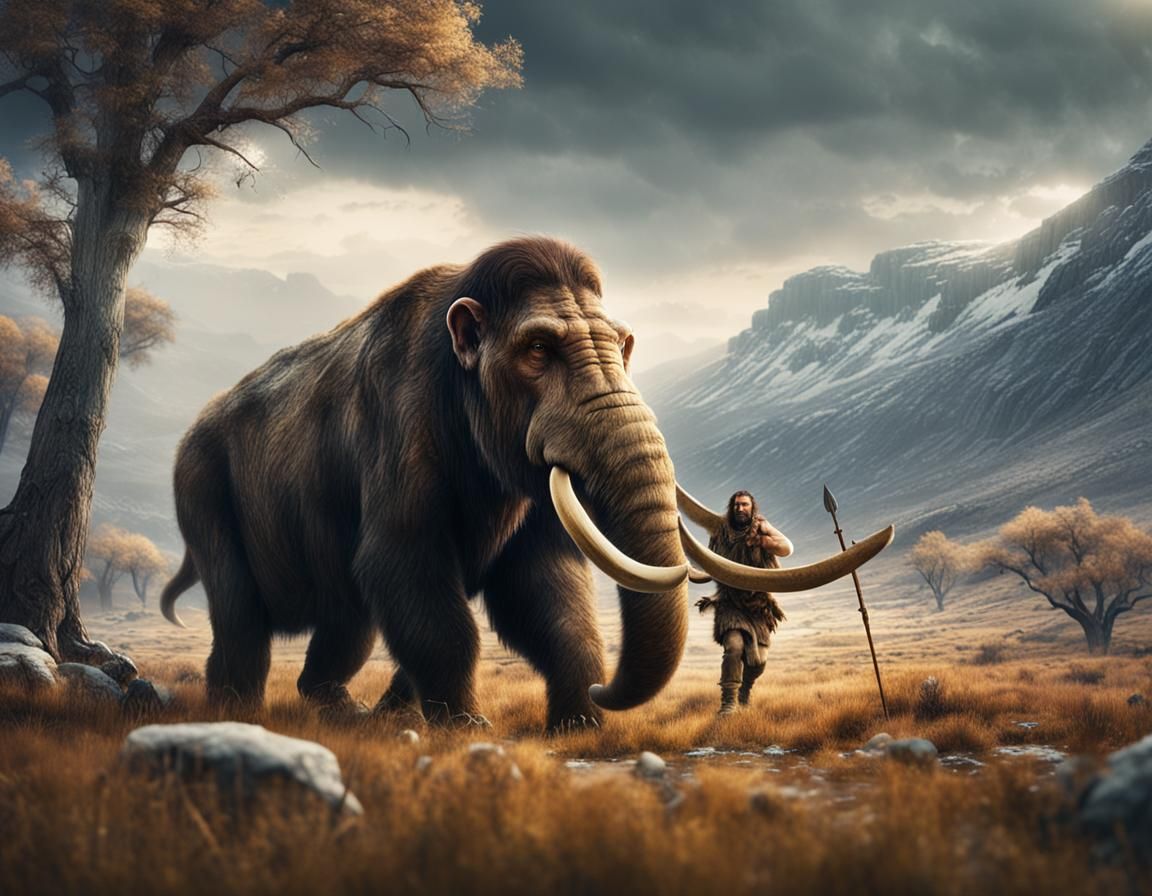 Neanderthal Hunter Pursues Mammoth in Tundra