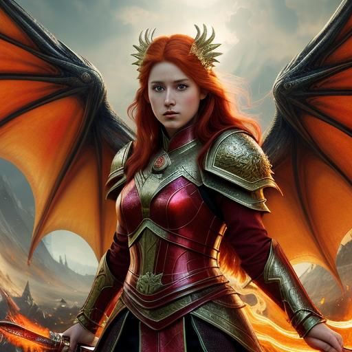 Dragon Warrior Woman in Vibrant Oil Painting