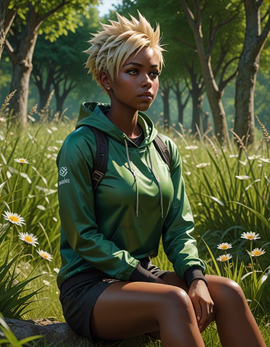 Surreal Anime-Inspired Girl Sits in a Vibrant Fantasy Meadow