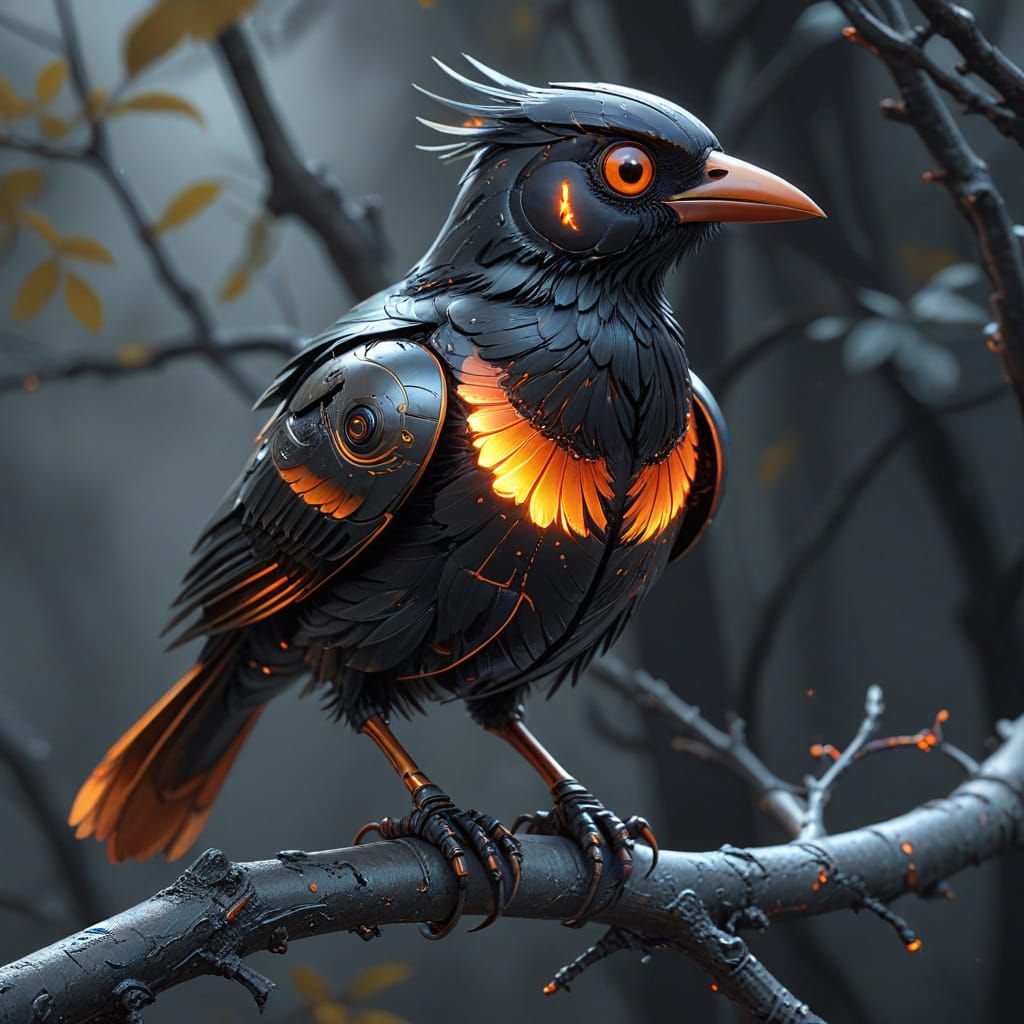 Retro Futurism Robot Bird with Orange Accents