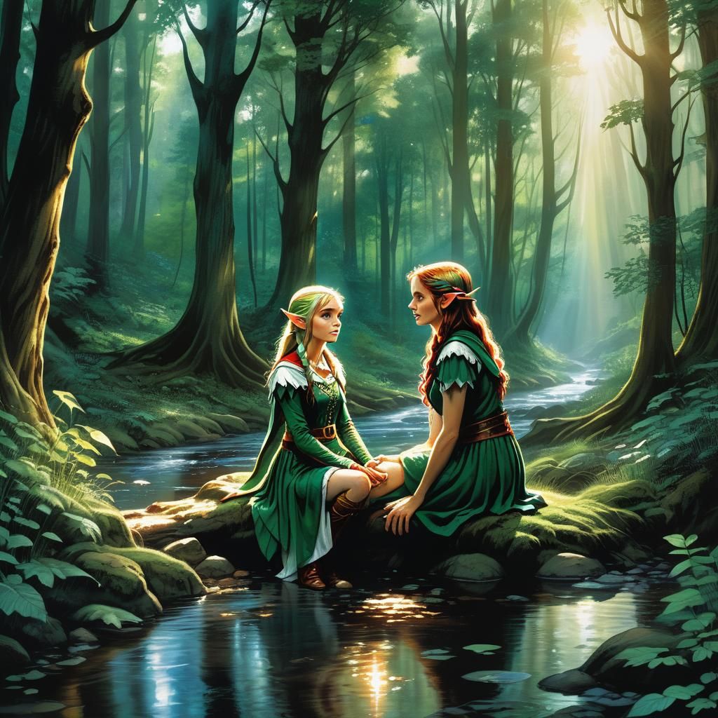 Elf in Forest Stream: Comic Book Art